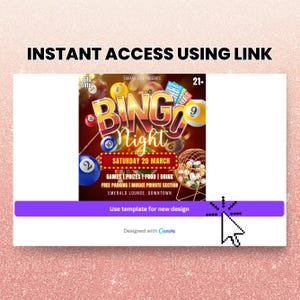 May include: A red and white bingo night flyer with a large bingo sign and a cage of bingo balls. The flyer says "Bingo Night" and "Saturday 20 March". It also says "Games | Prizes | Food | Drink" and "Free Parking | Music | Private Section". The flyer is for the Emerald Lounge in Downtown.