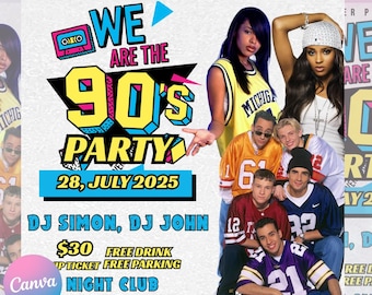 90s Throwback Party Flyer | Retro Birthday Invitation | DIY Canva Template | Back to the 90s Theme | Old School Hip Hop Club Party