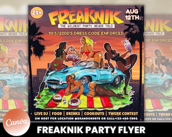 May include: A party flyer for a 90's/2000's themed event called "Freaknik" on August 12th. The flyer features a cartoon image of a convertible car with women in bikinis and a text overlay that says "The Wildest Party Never Told".