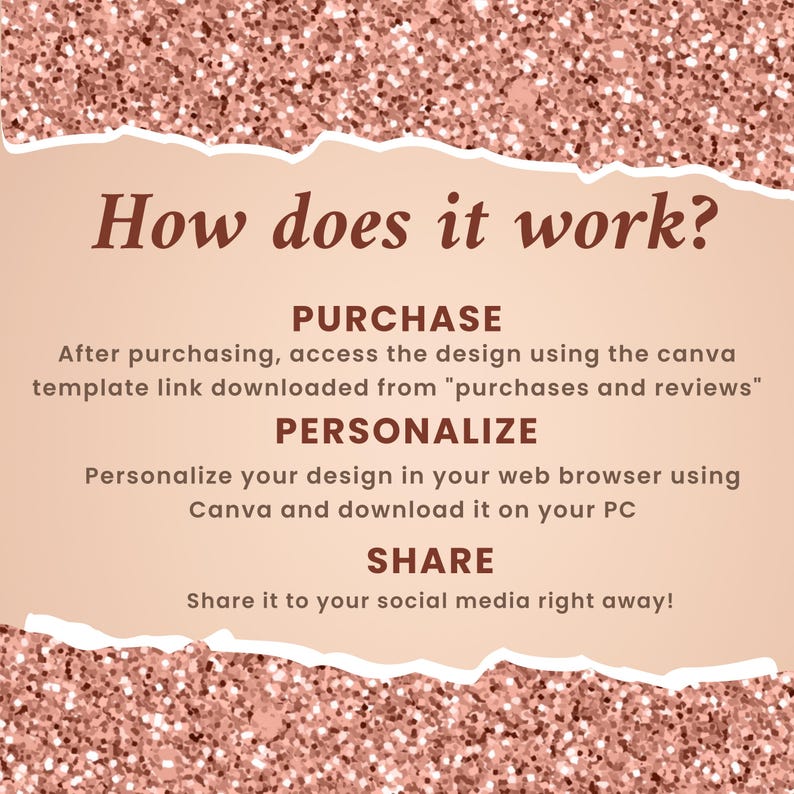 May include: A digital design graphic with a rose gold glitter background and a torn paper effect. Text reads "How does it work?" followed by instructions: Purchase, Personalize, and Share.