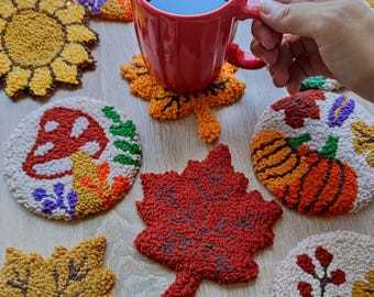 Handmade Punch Needle Fall Coasters: Autumn Table Decor, Cozy Harvest Gift