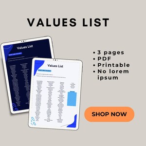 Op de afbeelding: Twee witte tablets met een "Values List" document met blauwe accenten. Het document bevat verschillende waarden. De afbeelding bevat ook de tekst "VALUES LIST", "3 pages", "PDF", "Printable", "No lorem ipsum" en "SHOP NOW".
