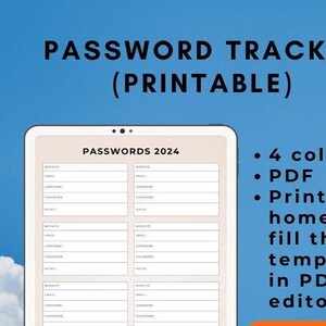 PRINTABLE Username and Password Tracker Template,  Printable Password Tracker PDF, Detailed Password Log Printable,Password Notebook Page