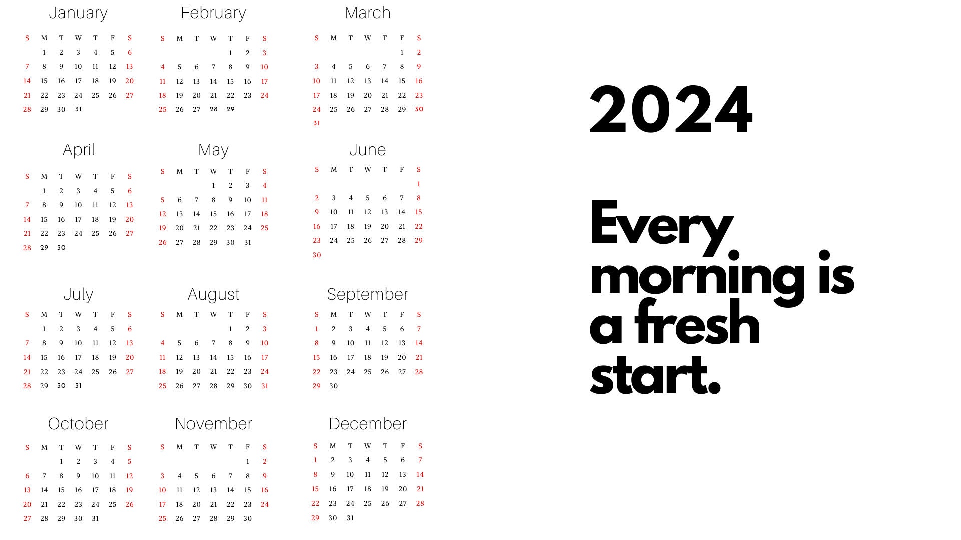 2024 Calendar Printable One Page Year Calendar Printable Year Overview