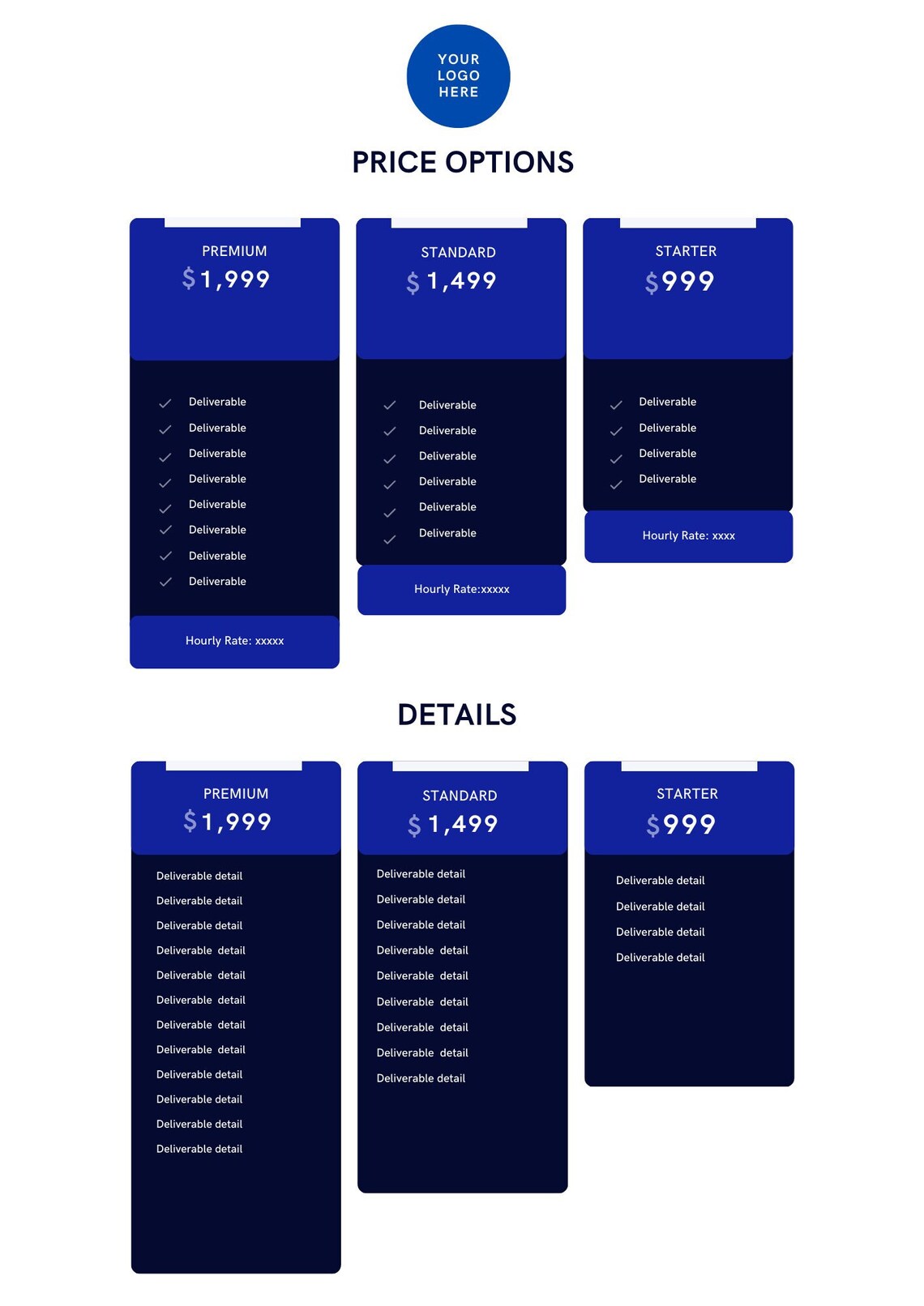 Comparable Pricing Table, Price Table for Small Business, Pricing List