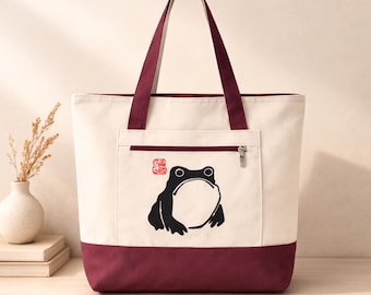 Unimpressed Frog Zippered Canvas Tote by Matsumoto Hoji | Japanese Angry Frog Art Bag
