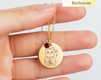 Maneki Neko Birthstone Necklace Lucky Cat Pendant Japanese Good Luck Personalized Jewelry Gift