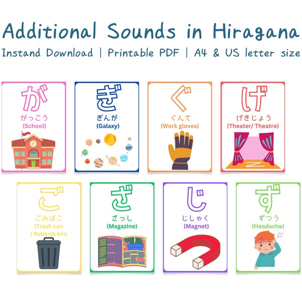 Japanese writing learning Hiragana additional sounds flashcards | Instant download PDF Hiragana flash cards