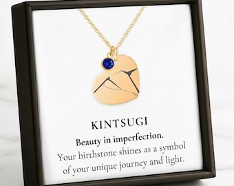 Kintsugi Birthstone Heart Necklace, Japanese Wabi-Sabi Jewelry, Healing Gift, Beauty in Imperfection Pendant