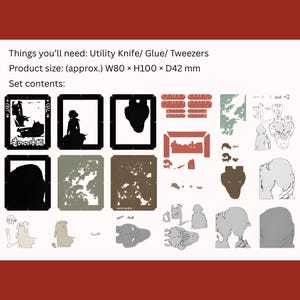 May include: A collection of paper craft components, including framed silhouettes, cut-out shapes, and text in Japanese. The product size is approximately 3.15 x 3.94 x 1.65 inches. The image includes the text: "Things you'll need: Utility Knife/ Glue/ Tweezers".