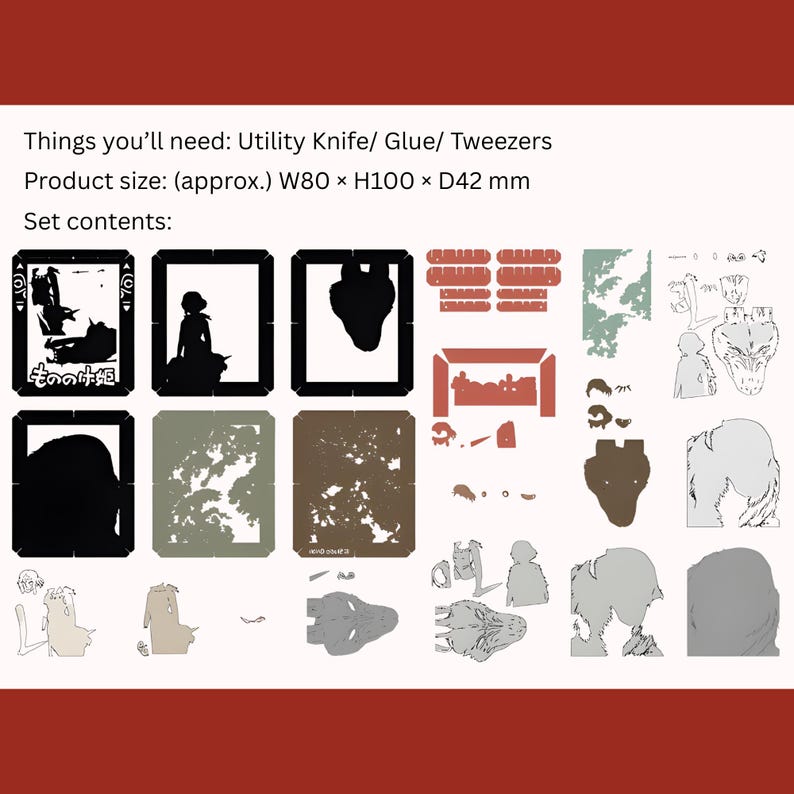 May include: A collection of paper craft components, including framed silhouettes, cut-out shapes, and text in Japanese. The product size is approximately 3.15 x 3.94 x 1.65 inches. The image includes the text: "Things you'll need: Utility Knife/ Glue/ Tweezers".