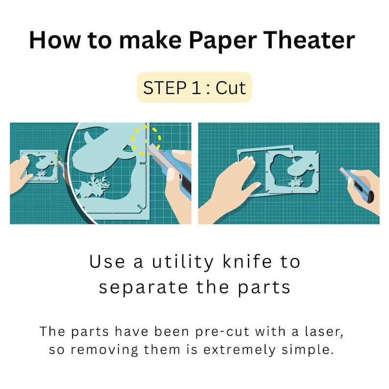 May include: Instructions for making a paper theater. The image shows the first step: cutting pre-cut paper pieces with a utility knife. The text reads "How to make Paper Theater" and "STEP 1: Cut".