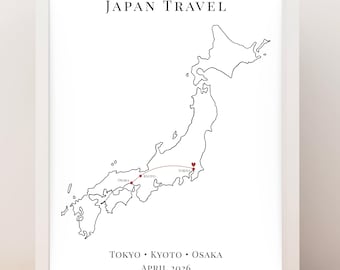 Personalized Japan Travel Map Print Tokyo Kyoto Osaka Custom Names Date Gift