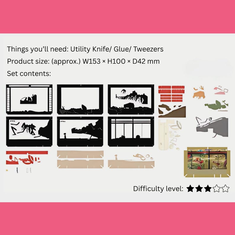 May include: A set of laser-cut wooden model pieces, including various shapes and silhouettes. The image includes text indicating the product's dimensions are approximately 153mm x 100mm x 42mm. The difficulty level is indicated by stars.