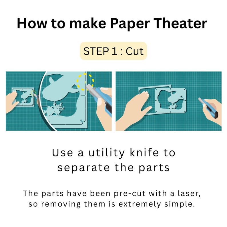 May include: Instructions for making a paper theater. The image shows the first step: cutting out the pre-cut parts with a utility knife. The text reads "How to make Paper Theater" and "STEP 1: Cut".
