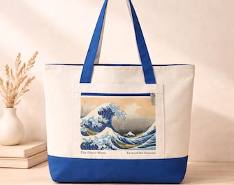 Hokusai Wave Canvas Tote Japanese Art Book Carrier Travel Gift for Japan Lover