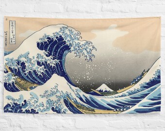 Japanese Wave Tapestry Wall Flag, Hokusai Style Ocean Art, Japanese Room Decor