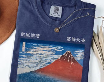 Camisa Fuji roja vintage de Hokusai con colores cómodos, camiseta gráfica con estampado del Monte Fuji de arte japonés