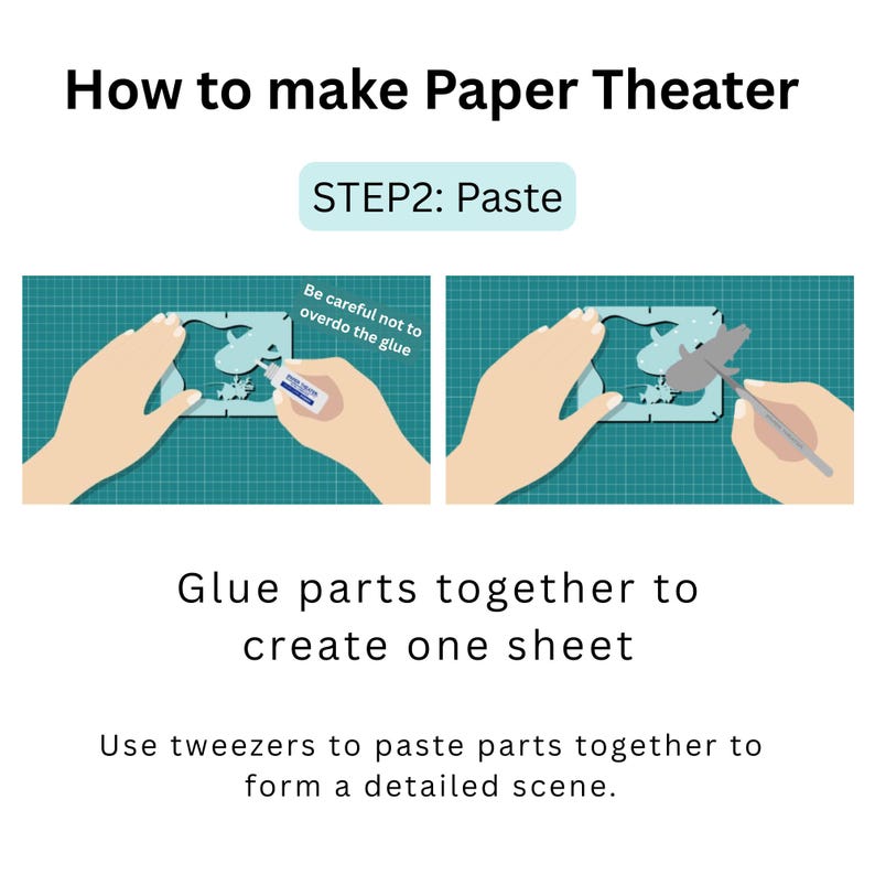 May include: Illustration showing steps for making a paper theater. The text reads "How to make Paper Theater" and "STEP2: Paste". The image shows hands using glue and tweezers to assemble paper cutouts.