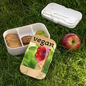 Boîte à lunch bento végétalienne aux cerises - Contenant écologique, boîte à lunch pour enfants, couvercle en bois pour boîte à lunch végétalienne, boîte végétalienne + couverts, boîte avec cuillère, couteau folklorique