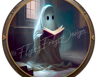 Exclusive Design!!!  Spooky Halloween Sheet Ghost Book Reading Portrait UV-Coated Aluminum Wreath Sign Door Decor Proudly Made in the USA