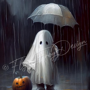 May include: A white ghost wearing a white sheet holds an umbrella over its head while standing in the rain. A carved pumpkin sits on the ground in front of the ghost.