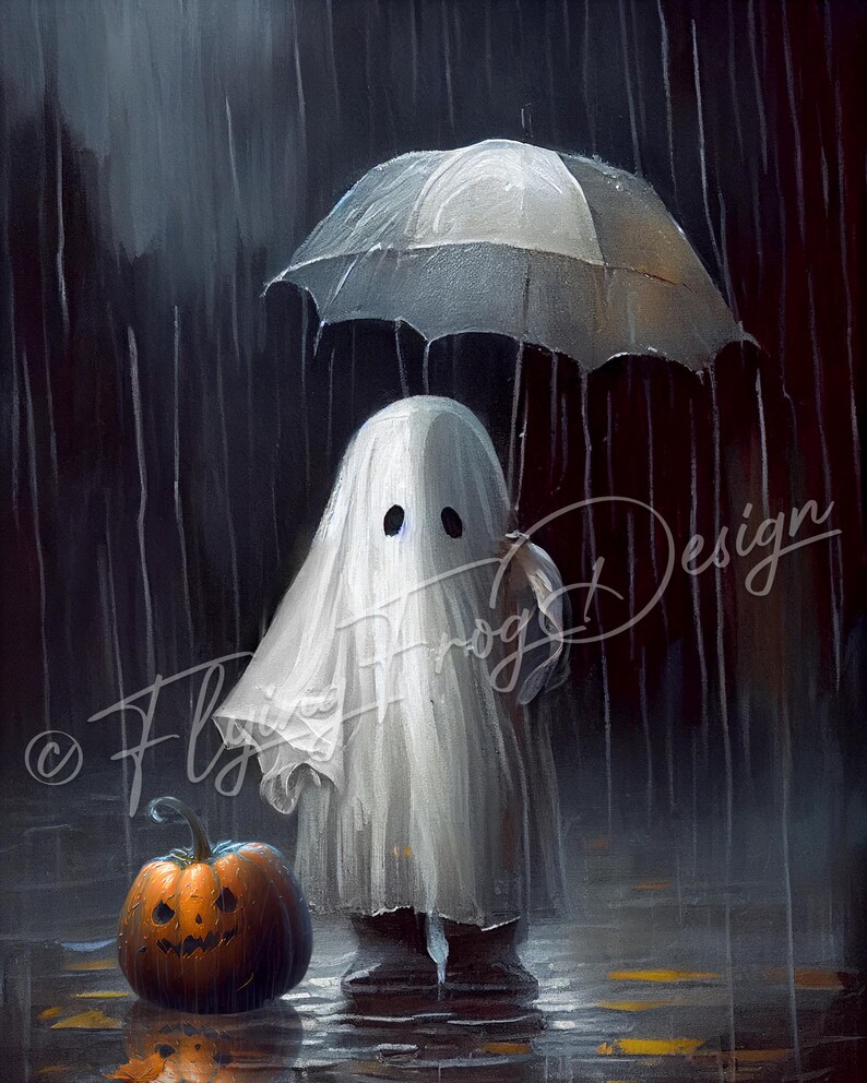 May include: A white ghost wearing a white sheet holds an umbrella over its head while standing in the rain. A carved pumpkin sits on the ground in front of the ghost.