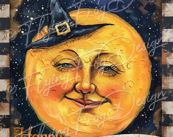 Vintage Retro Spooky Happy Halloween Witch Hat Moon Face Black & White Check UV-Coated Aluminum Metal Door Decor Wreath Sign Made in the USA