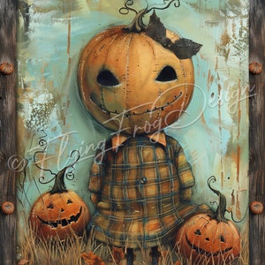 May include: A whimsical painting of a pumpkin person wearing a plaid dress and holding two pumpkins. The background is a light blue with a faded, textured look. The text "A Jolly Hallowe'en" is at the bottom of the painting.