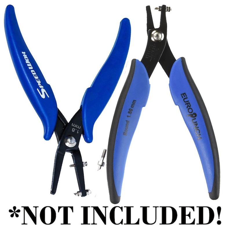May include: Two blue handled hole punch tools. The tool on the left is labeled "Speed Punch" and has a 1/8 inch round punch. The tool on the right is labeled "Euro Punch" and has a 1.80 mm round punch.