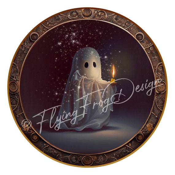 Whimsical Halloween Ghost Sheet Candle Portrait UV-Coated Aluminum Wreath Sign Door Decor Proudly Made in the USA