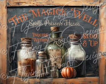 Vintage Spooky Witch's Shop Magic Well Spells Potions Hexes 1 UV-Coated Aluminum Metal Door Decor Wreath Sign Made in the USA