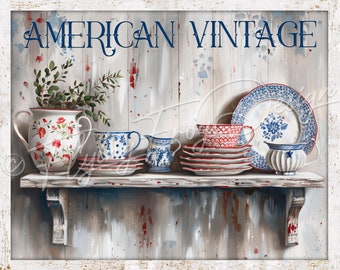 Vintage Americana Primitive Pottery Red White & Blue Greens Weathered UV-Coated Aluminum Metal Wall Door Decor Wreath Sign Made in the USA