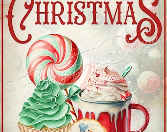Vintage Merry Christmas  Cupcakes Sugar Cookie Hot Cocoa Peppermint UV-Coated Aluminum Metal Door Decor Wreath Sign Made in the USA