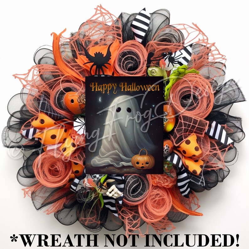 May include: A Halloween wreath with a black and white striped ribbon, orange and black polka dot ribbon, and a peach colored mesh. The wreath also has a printed card with a ghost and the text "Happy Halloween".