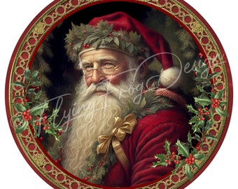 May include: A round, red and gold Christmas ornament featuring a portrait of Santa Claus wearing a red hat, a white beard, and a red and green holly wreath. The ornament has a gold border with a repeating pattern of circles and ovals.