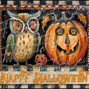 Whimsical Retro Happy Halloween Owl Large Pumpkin  Rustic Checked Border UV-Coated Aluminum Metal Door Decor Wreath Sign Made in the USA