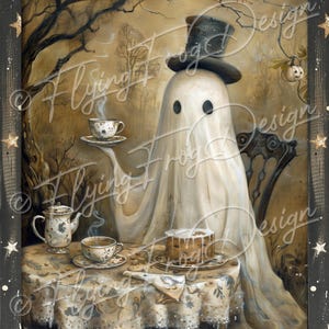 May include: A ghostly figure wearing a top hat sits at a table with a teapot, teacups, and a cake. The ghost is white and translucent, and the table is covered in a white tablecloth with a floral pattern. The background is a dark forest with trees and branches.