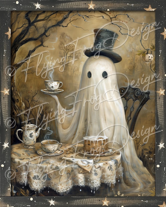 Whimsical Spooky Halloween Sheet Ghost Top Hat Tea Party Cake Portrait UV-Coated Aluminum Metal Door Decor Wreath Sign Made in the USA