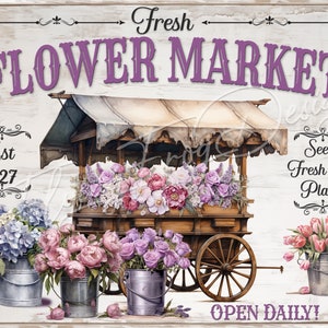 Vintage Fresh Flower Market Cart Lavender Blue Hydrangeas Roses Peonies UV-Coated Aluminum Door Decor Wreath Signs Metal Made in the USA