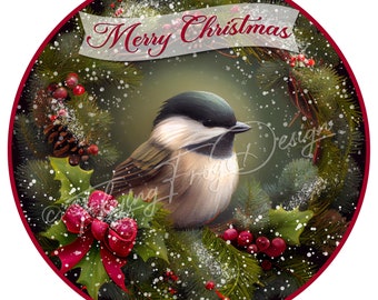 Exclusive Design Merry Christmas Chickadee Holly Berry Red Bow UV-Coated Aluminum Round Wreath Sign Door Decor Proudly Made in the USA