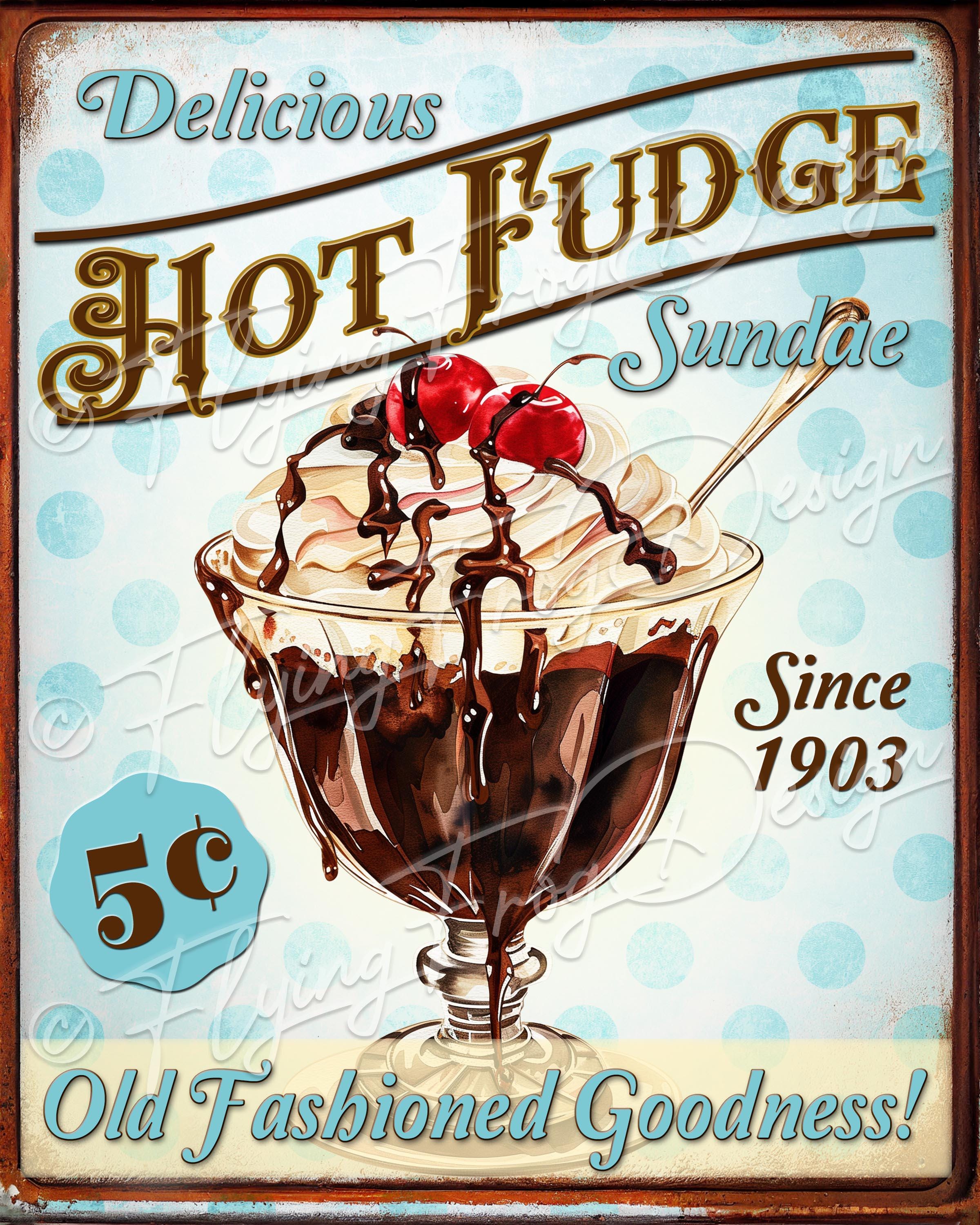 Vintage Retro Delicious Old Fashioned Hot Fudge Sundae Ice Cream