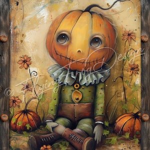 May include: A whimsical painting of a pumpkin-headed doll sitting in a field of fall flowers. The doll is wearing a green and brown outfit with a blue collar and has a stitched smile. The text "A Jolly Hallowe'en" is written at the bottom of the painting.