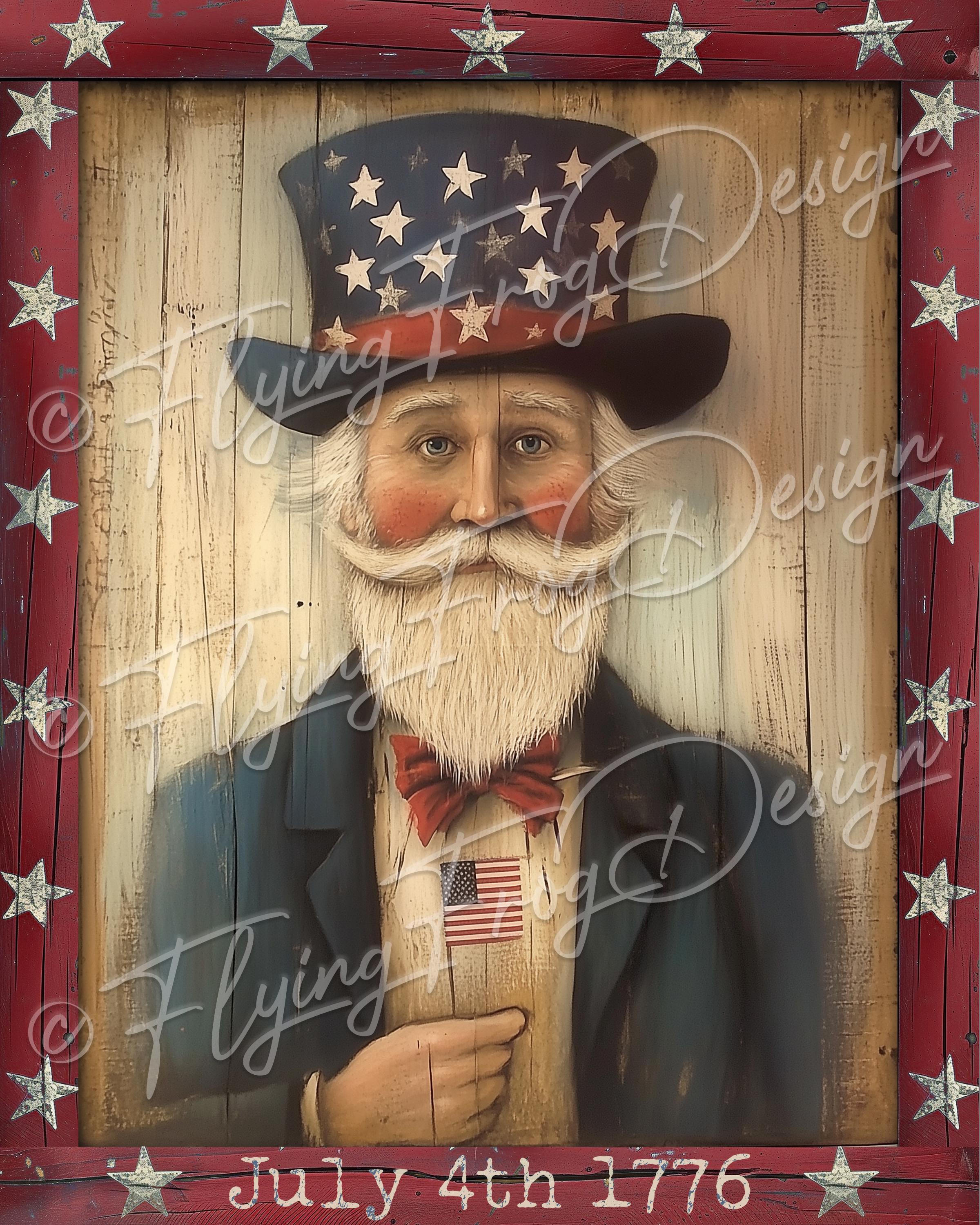 Vintage Americana America Patriotic Primitive Uncle Sam 1776 Flag