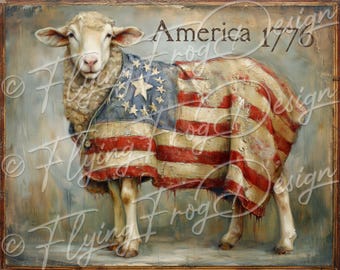 Vintage Americana Folk Art Sheep With Betsy Ross Flag Blanket UV-Coated Aluminum Metal Door Decor Wreath Sign Made in the USA