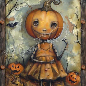 May include: A whimsical painting of a pumpkin-headed girl with a big smile, wearing a brown dress and holding her arm up. She is standing in a forest setting with two other pumpkins, one with a carved face and the other with a simple smile. The text "A Jolly Hallowe'en" is written at the bottom of the painting.