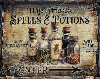 Vintage Spooky Witch Hazel's Spells Potions Hexes 4 UV-Coated Aluminum Metal Door Decor Wreath Sign Made in the USA