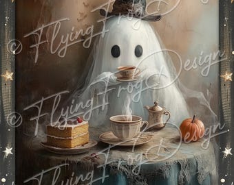 Whimsical Spooky Halloween Sheet Ghost Top Hat Tea Party Cake Pumpkin UV-Coated Aluminum Metal Door Decor Wreath Sign Made in the USA