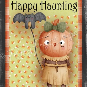 May include: A cute pumpkin character with a green bow and a stitched face holds a black bat with a string. The background is a green and orange plaid pattern with small candy corn designs. The text "Happy Haunting" is at the top of the image.