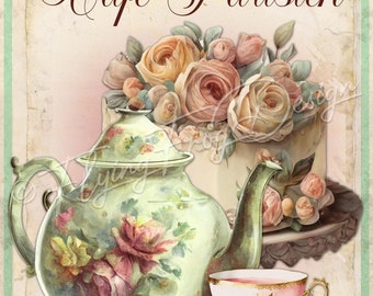 Vintage Cafe Parisien Old Fashioned Tea Pot Cup Soft Flowers Cake Wreath Sign UV-Coated Aluminum Door Decor Proudly Made in the USA